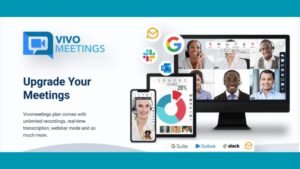 A clean online meeting dashboard in VivoMeetings showing video windows, live chat, polls, and breakout room options for hosting interactive sessions.