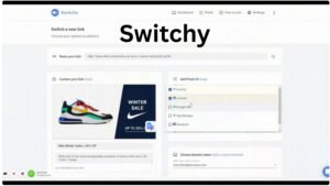 Switchy dashboard showing custom short links, retargeting pixel options, analytics charts, and smart bio page templates on a modern interface.