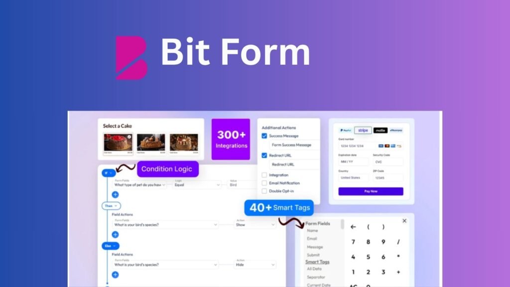 “Bit Form WordPress form builder dashboard showcasing drag-and-drop fields, form settings, and customization options.”