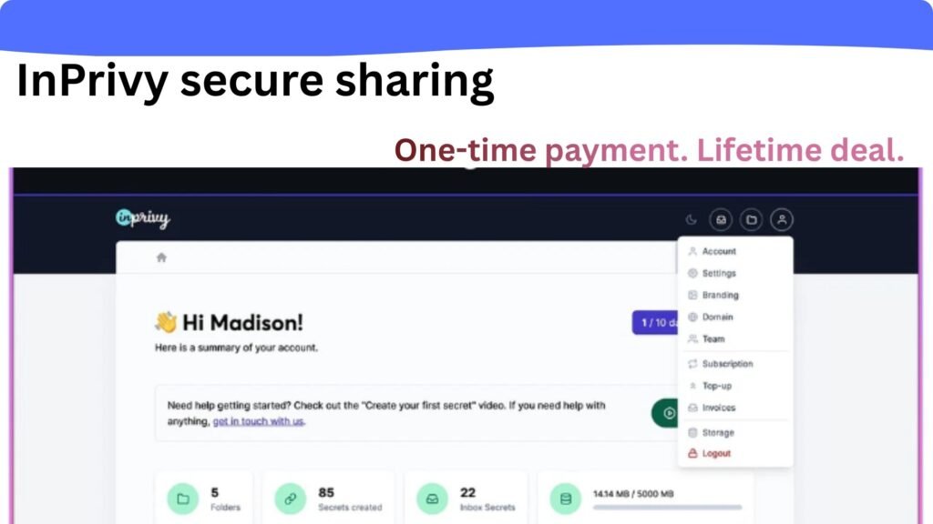 InPrivy secure sharing platform dashboard showing encrypted file and password sharing options