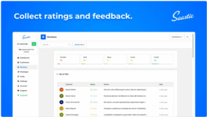 Screenshot showing More Good Reviews dashboard with automated review requests, customer feedback, ratings, and analytics for improving business reputation.
