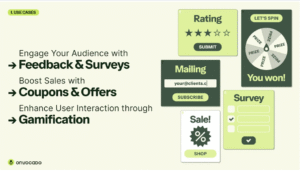 Onvocado no-code pop-up builder dashboard showing customizable widgets and smart triggers