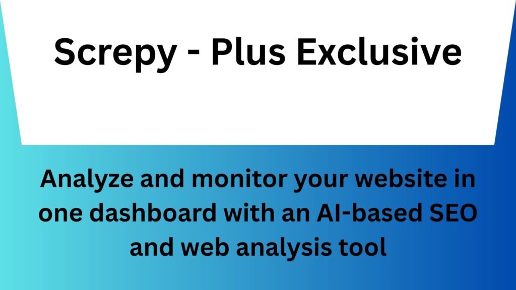 Dashboard view of Screpy showing SEO scores, performance metrics, uptime monitoring, and keyword tracking features in one interface.