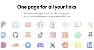 Screenshot of Linkero website builder showing a clean, customizable page with multiple social links and a central brand hub.