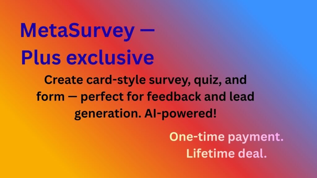 MetaSurvey dashboard showing card-style survey questions with AI-powered form builder interface