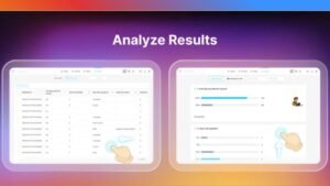 MetaSurvey dashboard showing card-style survey questions with AI-powered form builder interface