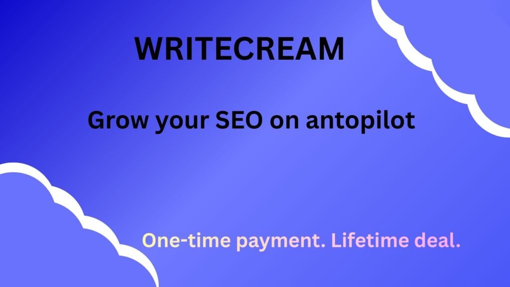 Writecream platform displaying SEO research, content writing, and marketing tools