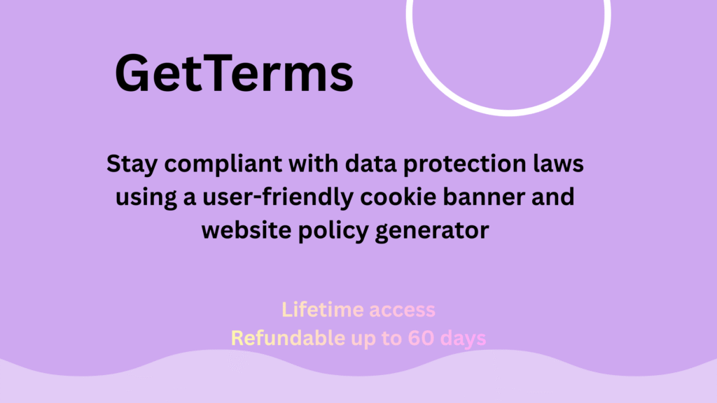 GetTerms dashboard showing website policy generator and customizable cookie consent banner settings interface