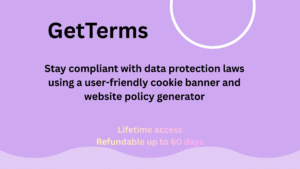 GetTerms dashboard showing website policy generator and customizable cookie consent banner settings interface