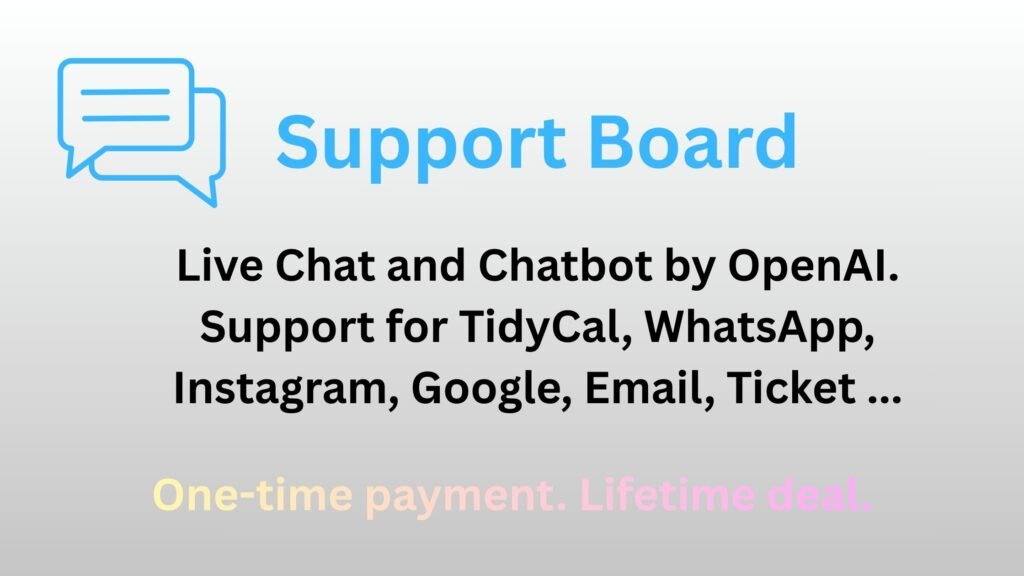 Support Board dashboard showing AI chatbot, live chat, and multi-channel inbox with WhatsApp, Instagram, email, and tickets.