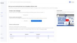 Dashboard view of TextLink bulk SMS platform showing contact lists, message editor, and campaign send button for mass text marketing campaigns.