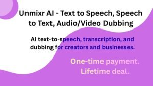 Unmixr AI dashboard showing text to speech, speech to text, and AI video dubbing features