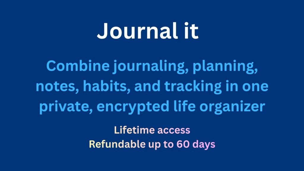 All-in-one journaling app interface showing notes, tasks, habits, goals, and planner in a clean, organized dashboard with secure and private design