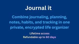 All-in-one journaling app interface showing notes, tasks, habits, goals, and planner in a clean, organized dashboard with secure and private design