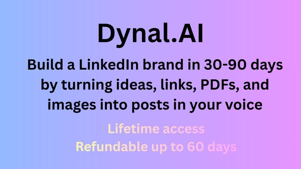 Dashboard of Dynal.AI showing AI-generated LinkedIn posts created from ideas, PDFs, links, and images with consistent personal voice and content planning tools