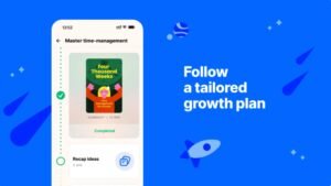 Headway app showing 15-minute book summaries with key insights, audio and text options, and a personalized learning dashboard for daily growth