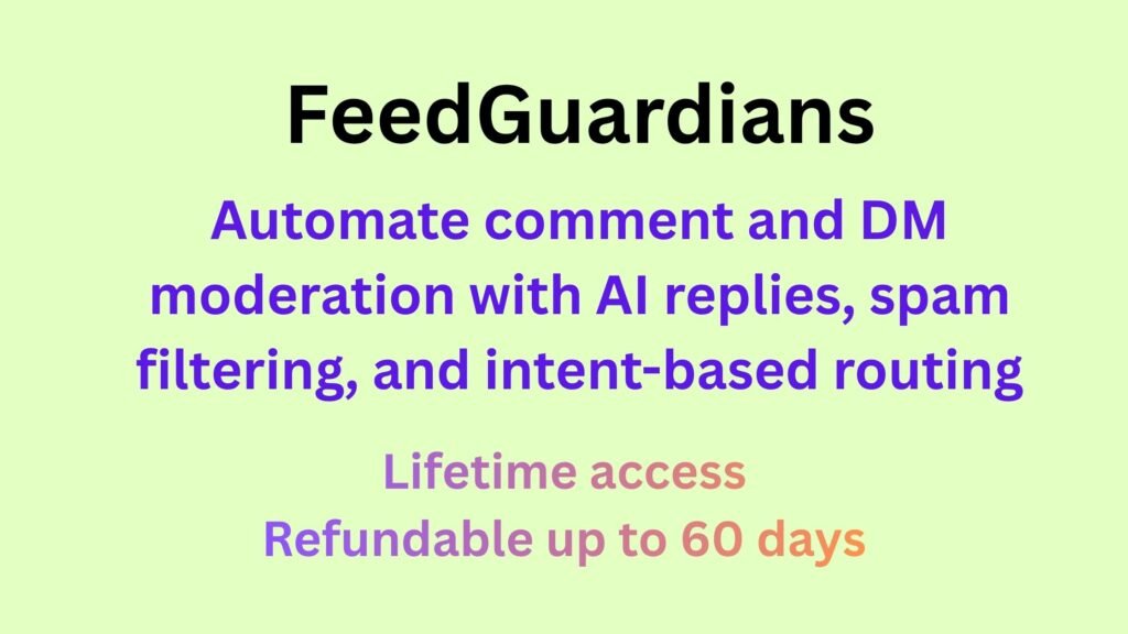 FeedGuardians dashboard showing AI moderation of social media comments and DMs with spam filtering and automated replies