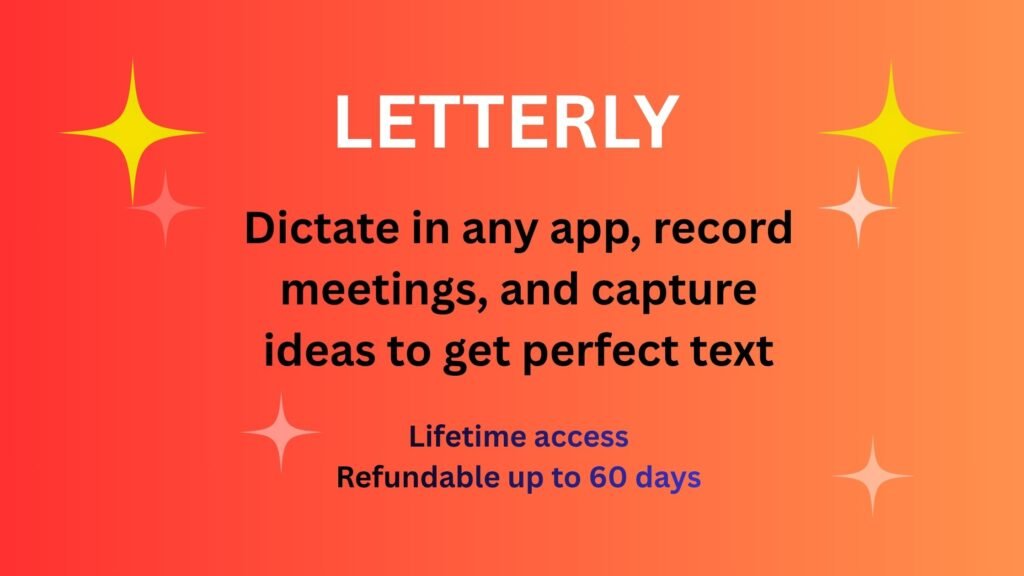 Letterly app interface showing AI voice dictation, meeting recording, and speech-to-text conversion for creating polished text instantly.