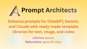 Prompt Architects dashboard showing AI prompt templates for ChatGPT, Gemini, and Claude, with tools for text, image, and video prompt creation.